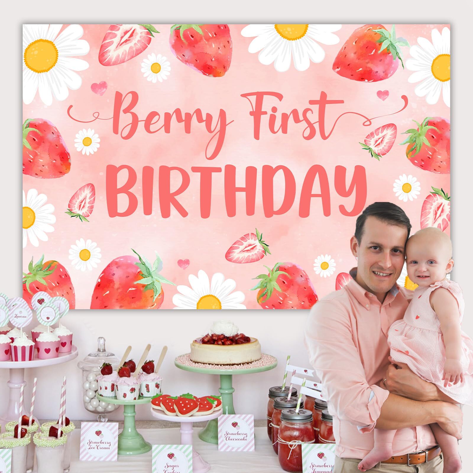 Strawberry Daisy Birthday Backdrop Berry First Birthday Party Decorations Prop gallery