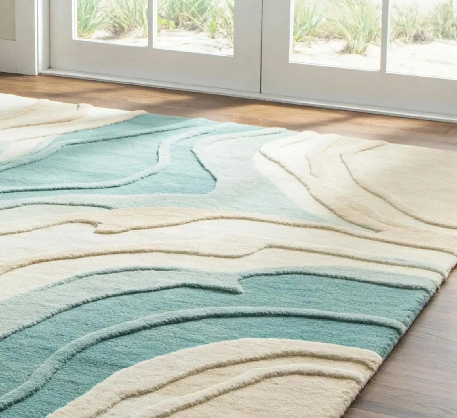 Coastal Modern Abstract Teal & Cream – Soft Tufted Ocean Wave Design Carpet Rug gallery
