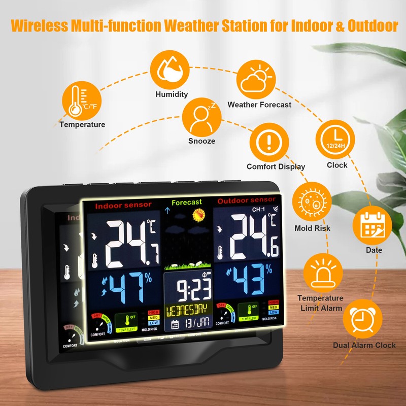 Digital LCD Wireless Weather Station Clock Indoor Outdoor Thermometer Humidity gallery