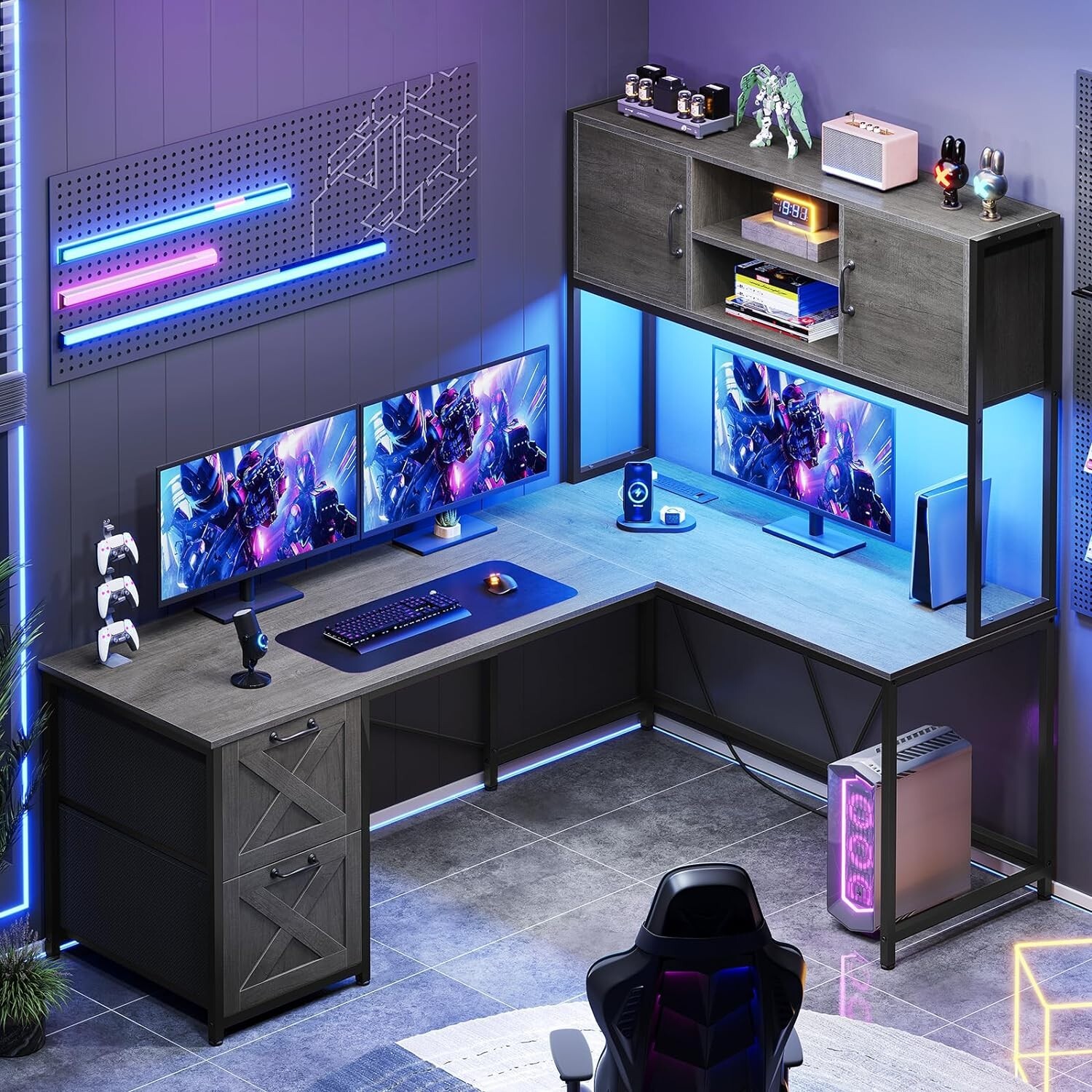 L Shaped Computer Desk with Led Lights, Hutch and Power Outlet, Home Office Desk gallery