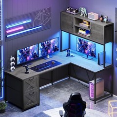 L Shaped Computer Desk with Led Lights, Hutch and Power Outlet, Home Office Desk