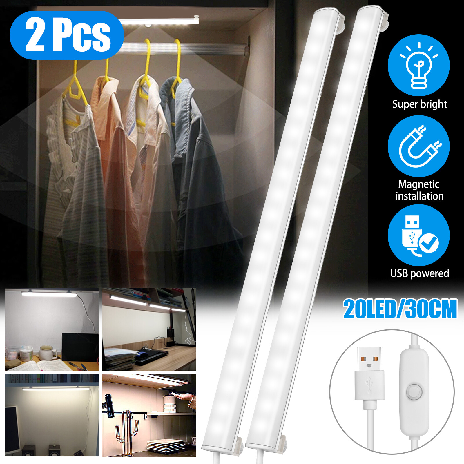 2X LED Kitchen Under Cabinet Closet Shelf Lighting Strip Bar USB Light Lamp Kit gallery