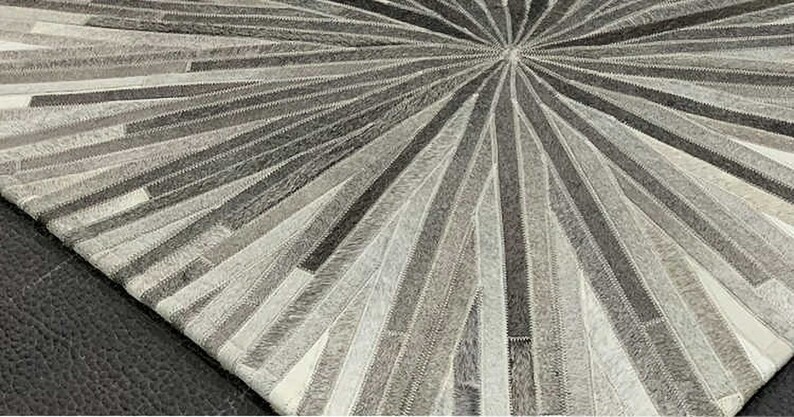 Handmade Cowhide Leather Patchwork Rug Modern Sunburst Design Gray White Area Ru gallery