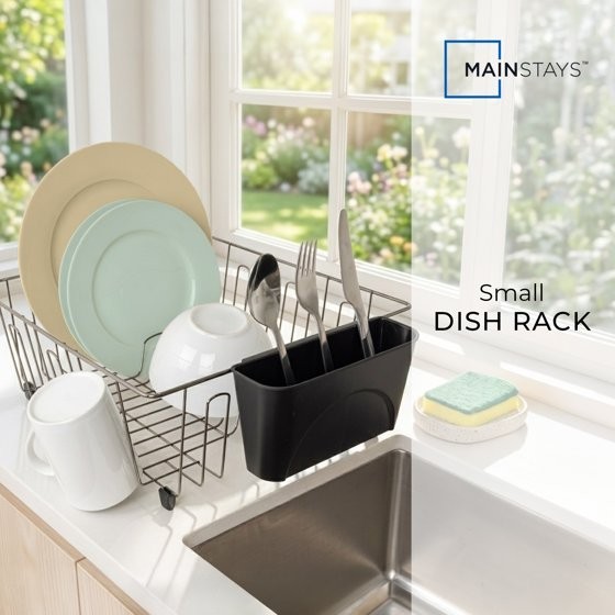 Mainstays Compact Dish Drainer Rack Chrome Black Kitchen Drying Tray gallery