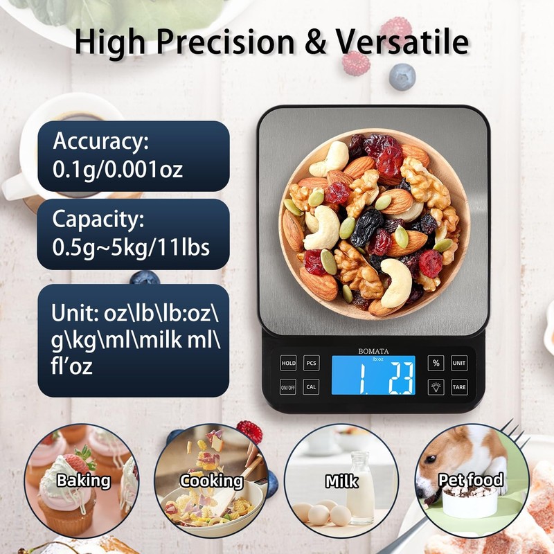 High Precision Kitchen Scale 0.1g/0.001oz, 5kg/11lb, USB, LCD, Stainless Steel gallery