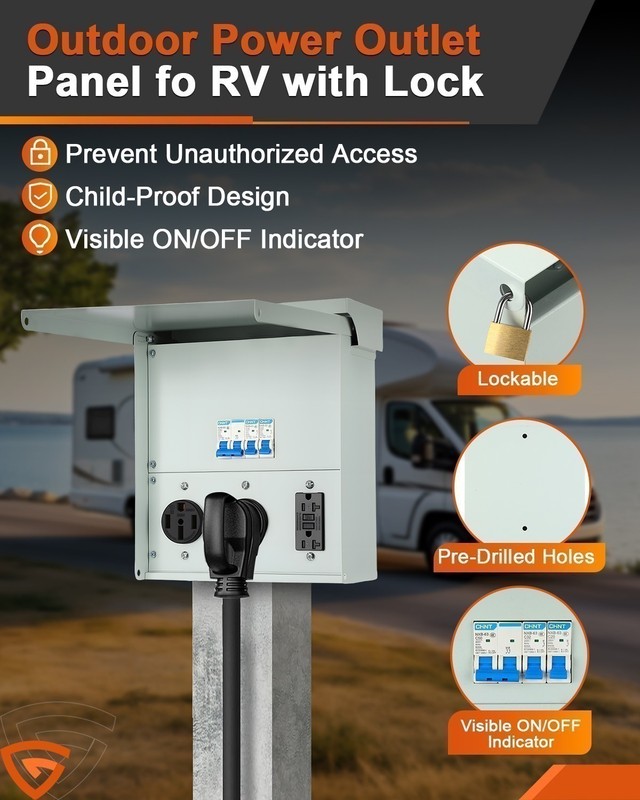 RV Electrical Outlet Panel with Breaker, Temporary Power Outlet 20/30/50 Amp gallery