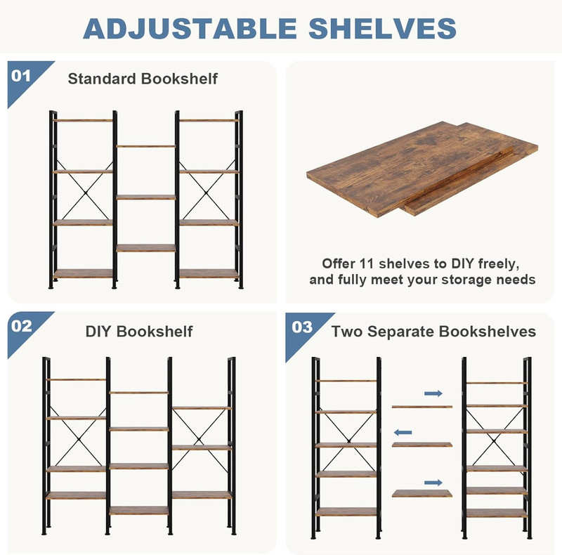Rustic 3-Column Wide Bookshelf with Adjustable Shelves for Home & Office gallery
