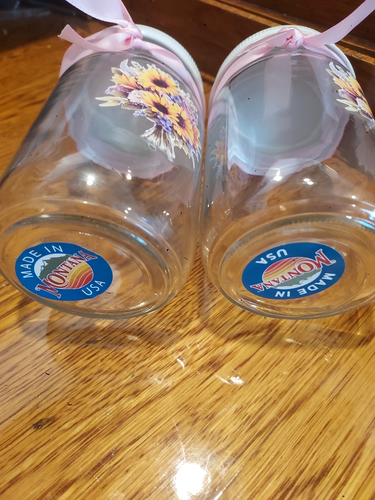 Jars With Lids Decorated Set Two Pint 16 oz sunflowers pink ribbon Storage gallery