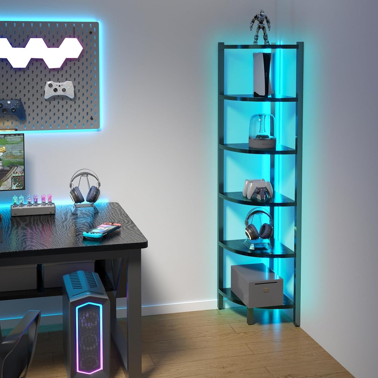 66" Corner Shelf With LED Lights 6 Tier Bookshelf Display Stand Black gallery