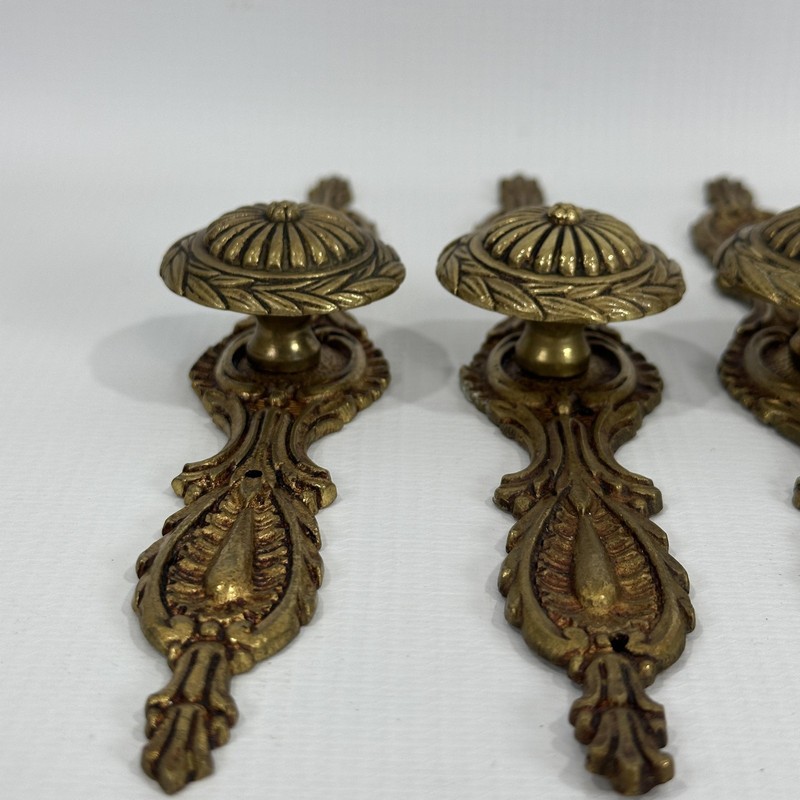 Vintage Solid Brass Cabinet Knobs w Backplate Set 4 Spain Baroque Rococo gallery