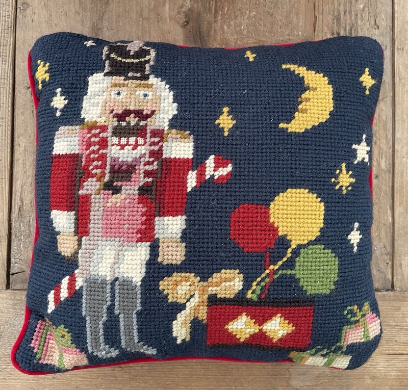 VTG Handcrafted Needlepoint Nut Cracker Soldier Gifts Christmas Accent Pillow Sq gallery