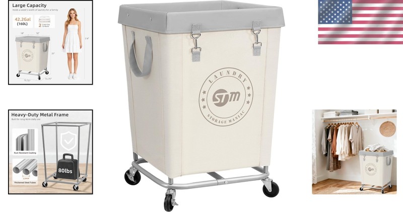 Durable Wheeled Industrial Laundry Cart - 18''L x 18''W x 31''H in Beige gallery