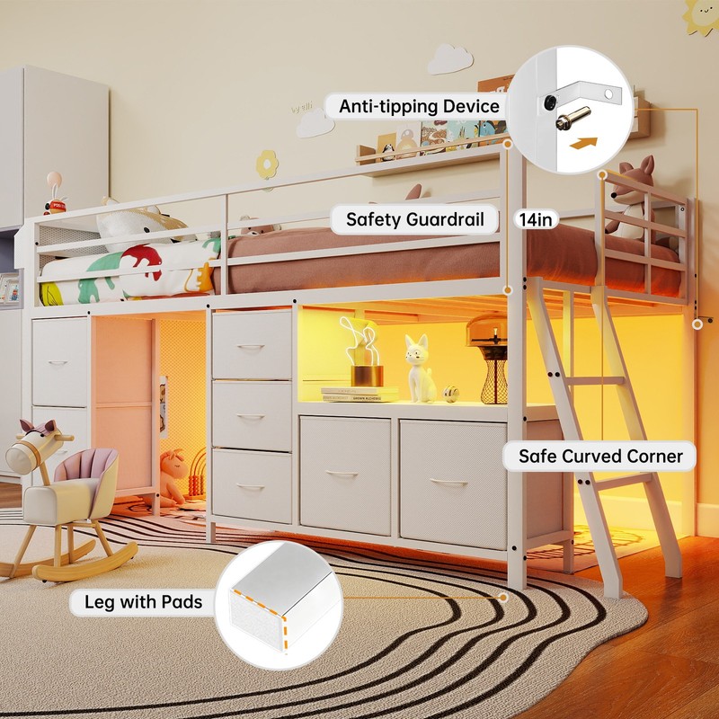 Low Loft Bed Twin Size with 7 Storage Drawers, Bookcase and LED Light，White gallery