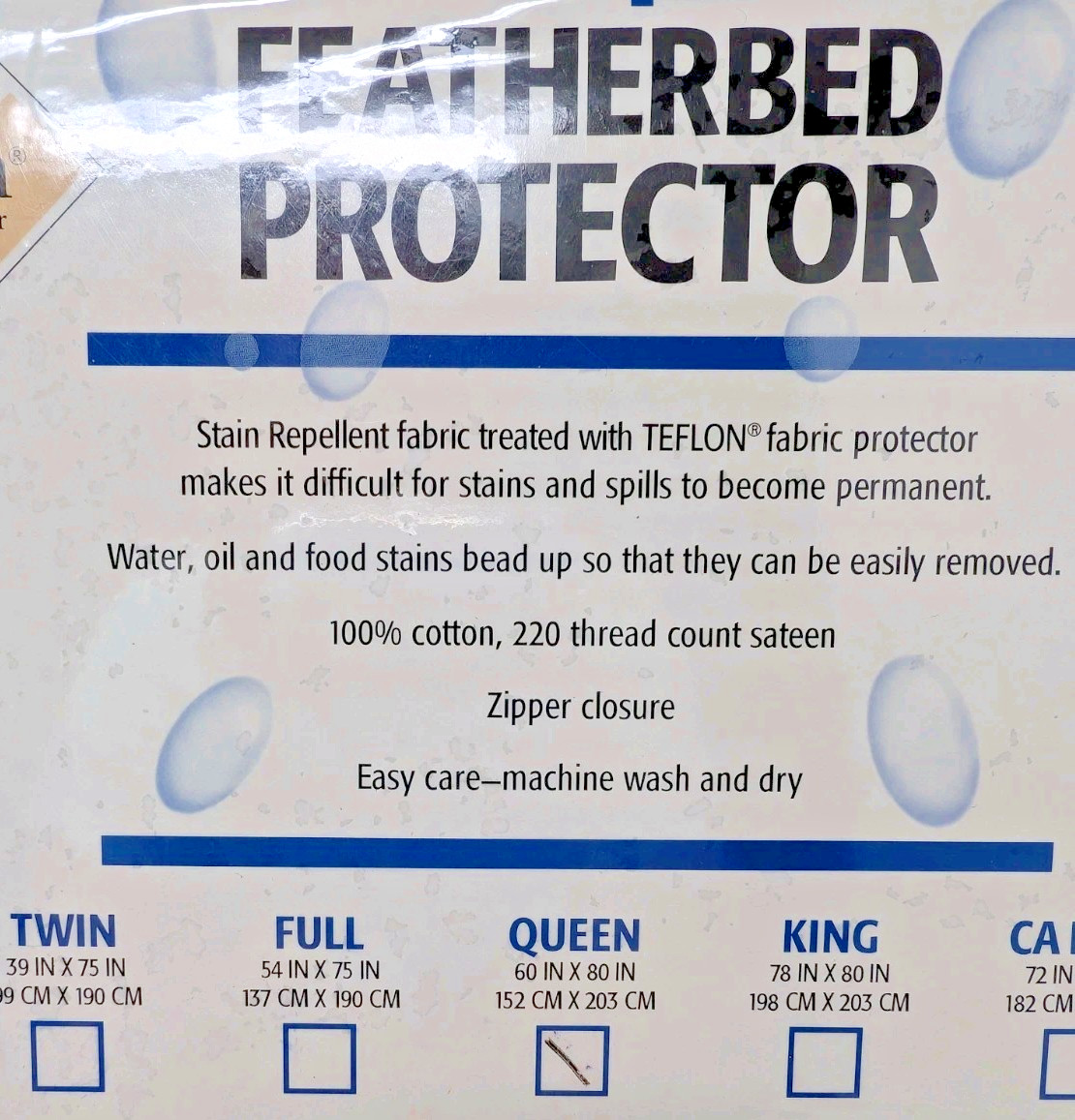 Teflon Stain Repellent Featherbed Protector Queen Cotton Sateen 220 tc NOS READ gallery