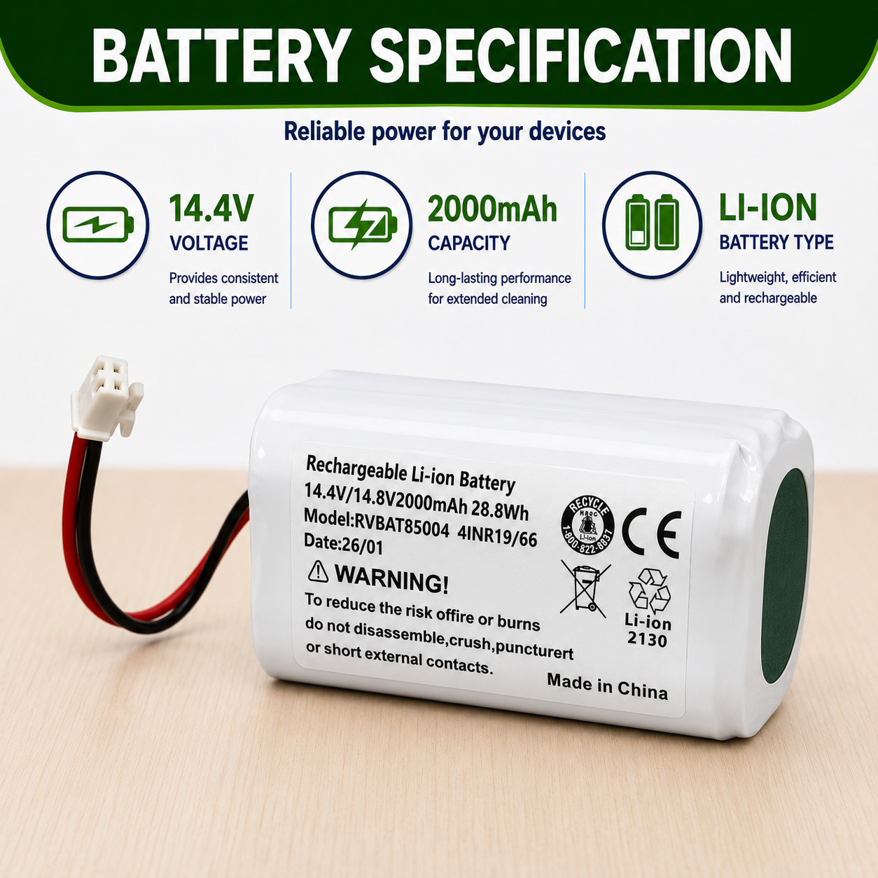 Replacement RVBAT85004 14.4V 2000mAh Li-Ion Battery for Shark Robot Vacuum gallery