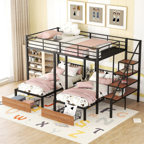 Full Over Twin & Twin Triple Bunk Beds w/ Storage Drawers & Staircases Metal Bed gallery