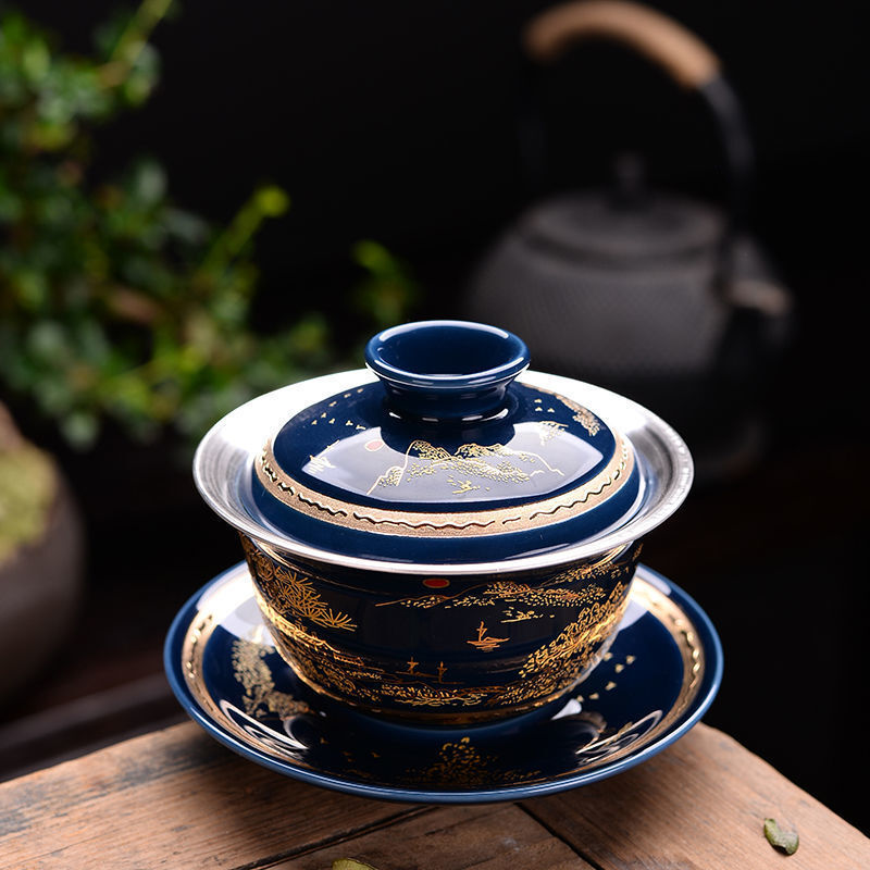150ml Boutique Porcelain Kung Fu Tea Set Gaiwan Jingdezhen Pure Silver Bowl gallery