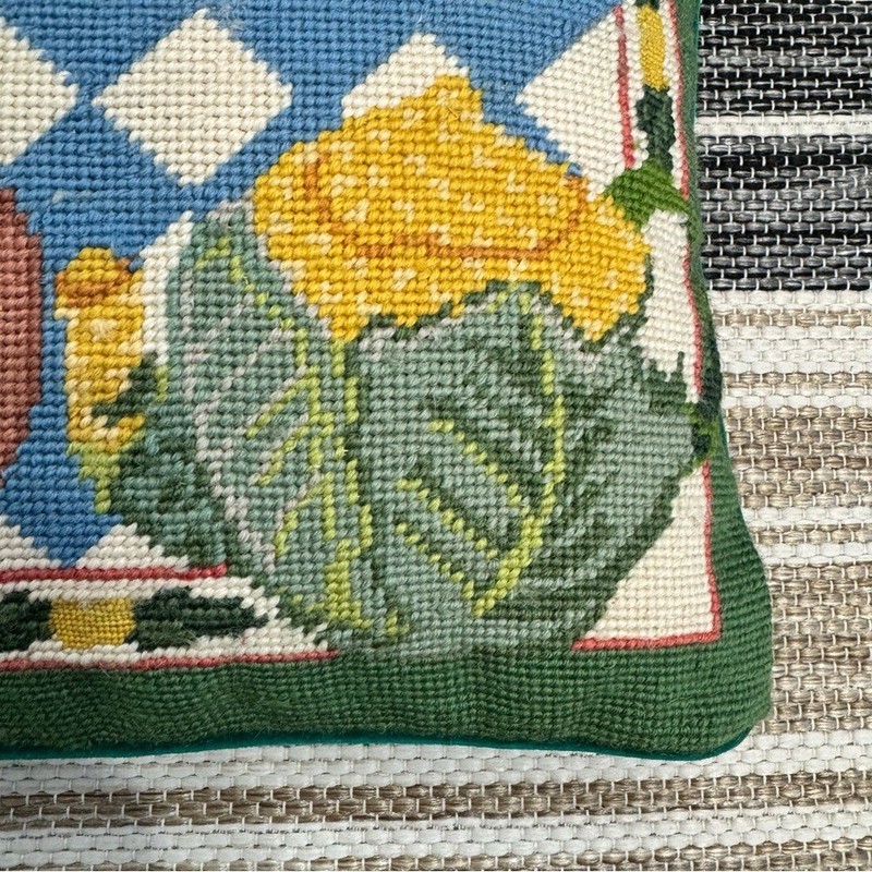 Vintage Wool Needlepoint Multicolor Throw Pillow Teapot Collection gallery