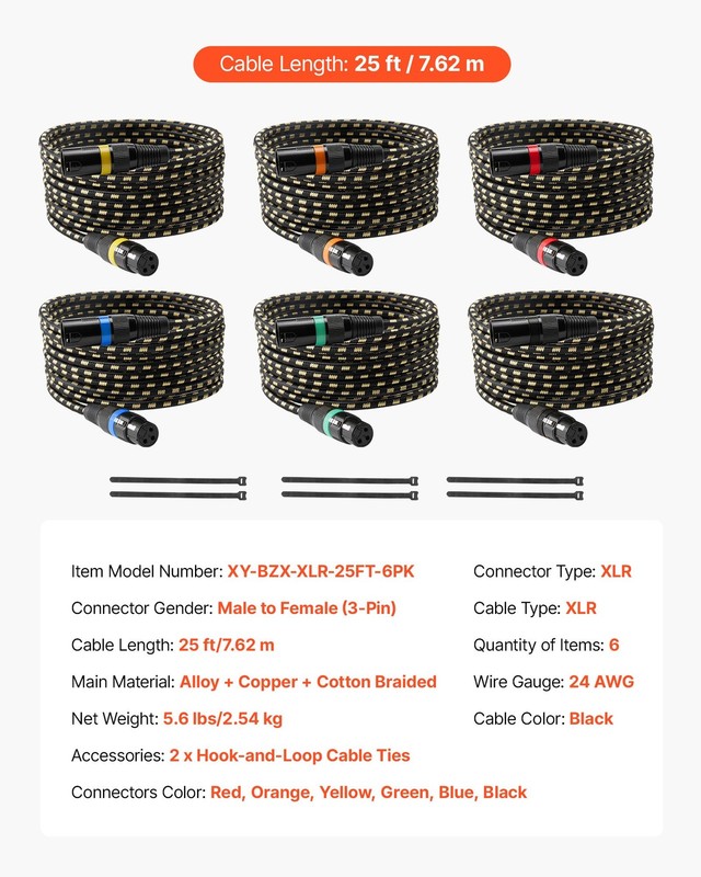 XLR Cable 25 ft, 6 Pack, Shielded Balanced DMX Male to Female Microphone Cables, gallery
