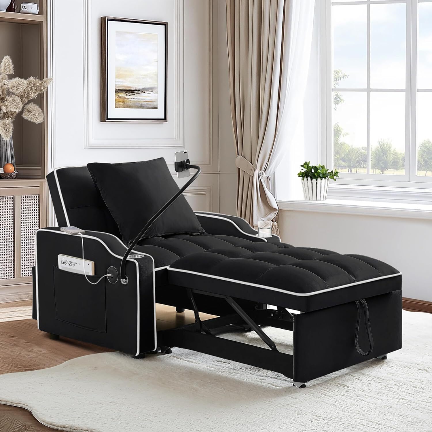 Convertible Sleeper Sofa Chair 3 in 1 Pull Out Chair Bed with USB & Phone Holder gallery