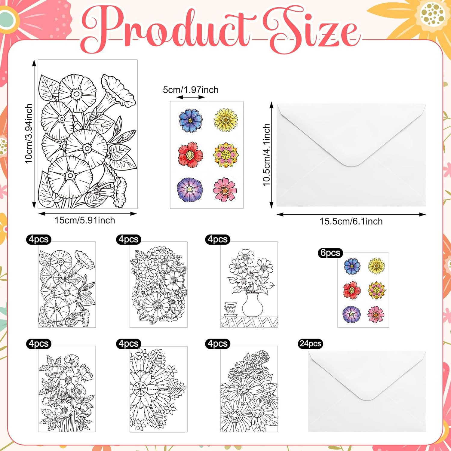 24 Pcs Flower Coloring Greeting Cards with Envelopes and Stickers Floral Color Y gallery