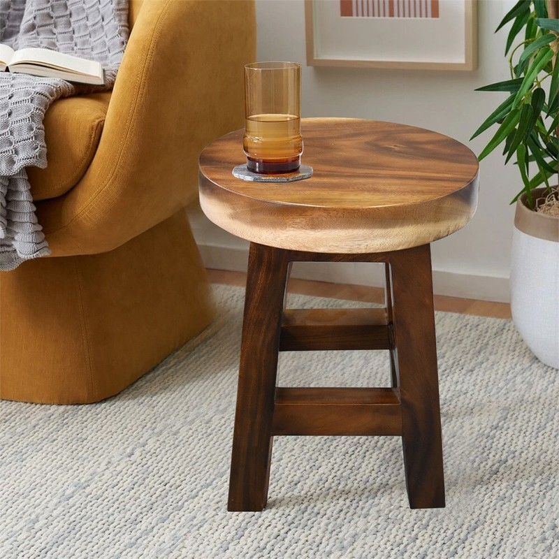 Greenage Small Rustic Solid Wooden Stool Round Side Table Bedside Table 18" H gallery