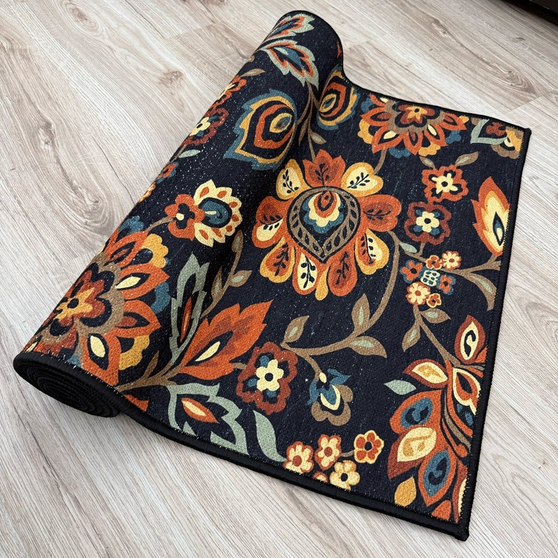 Rug Runner Non Slip Latex Backing Berber Floral Black Design 25" Wide gallery