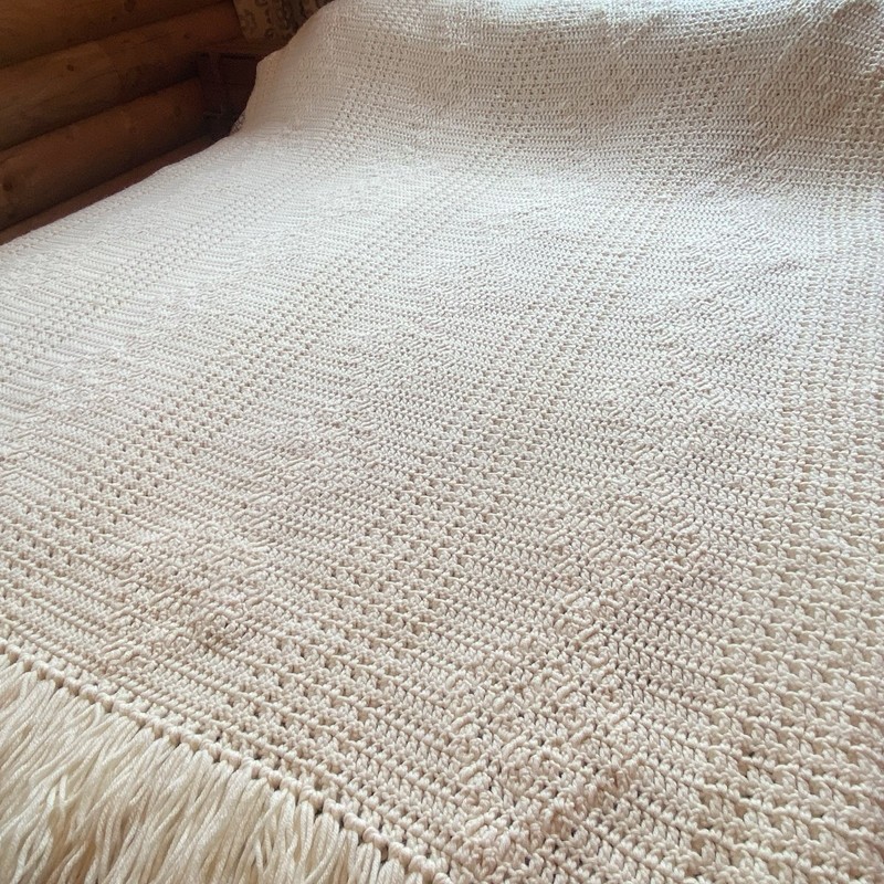 Handmade 3D Popcorn Diamond Stitch Afghan Blanket Ivory Fringe Boho Large 84x57 gallery
