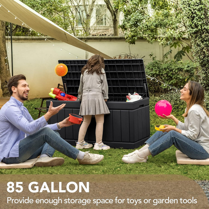 85 Gallon Deck Box Lockable Resin Outdoor Storage Box Waterproof Outdoor Contain gallery