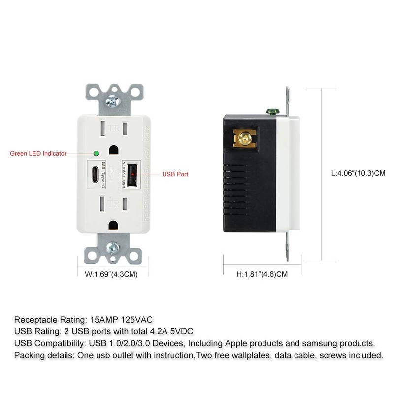 Type A & Type C USB Wall Charging Outlet, 4.2A High Speed Dual USB Socket, 15... gallery