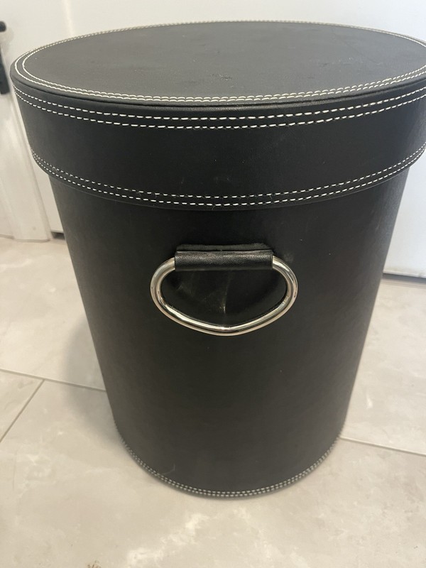 Vintage Black Round Leather Storage Bin 15” X 11 1/2” Velvet Lined Hard Shell gallery