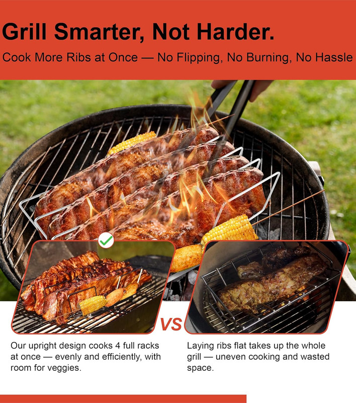 Rib Rack for Smoking – Foldable Extra Long Stainless Steel Rib Holder for 4 Ribs gallery