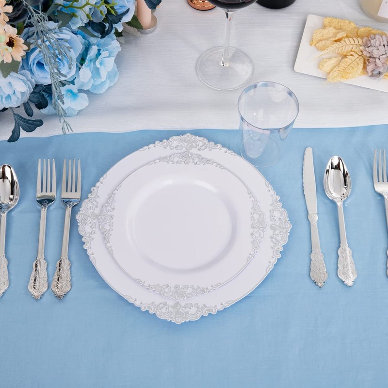 Hioasis 100pcs White Silver Plastic Plates - 10.25" Dinner Plates Disposable,... gallery