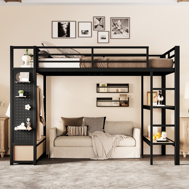 Full Size Loft Bed Frame w/Wardrobe,Metal Loft Bed with Storage Shelves Black gallery