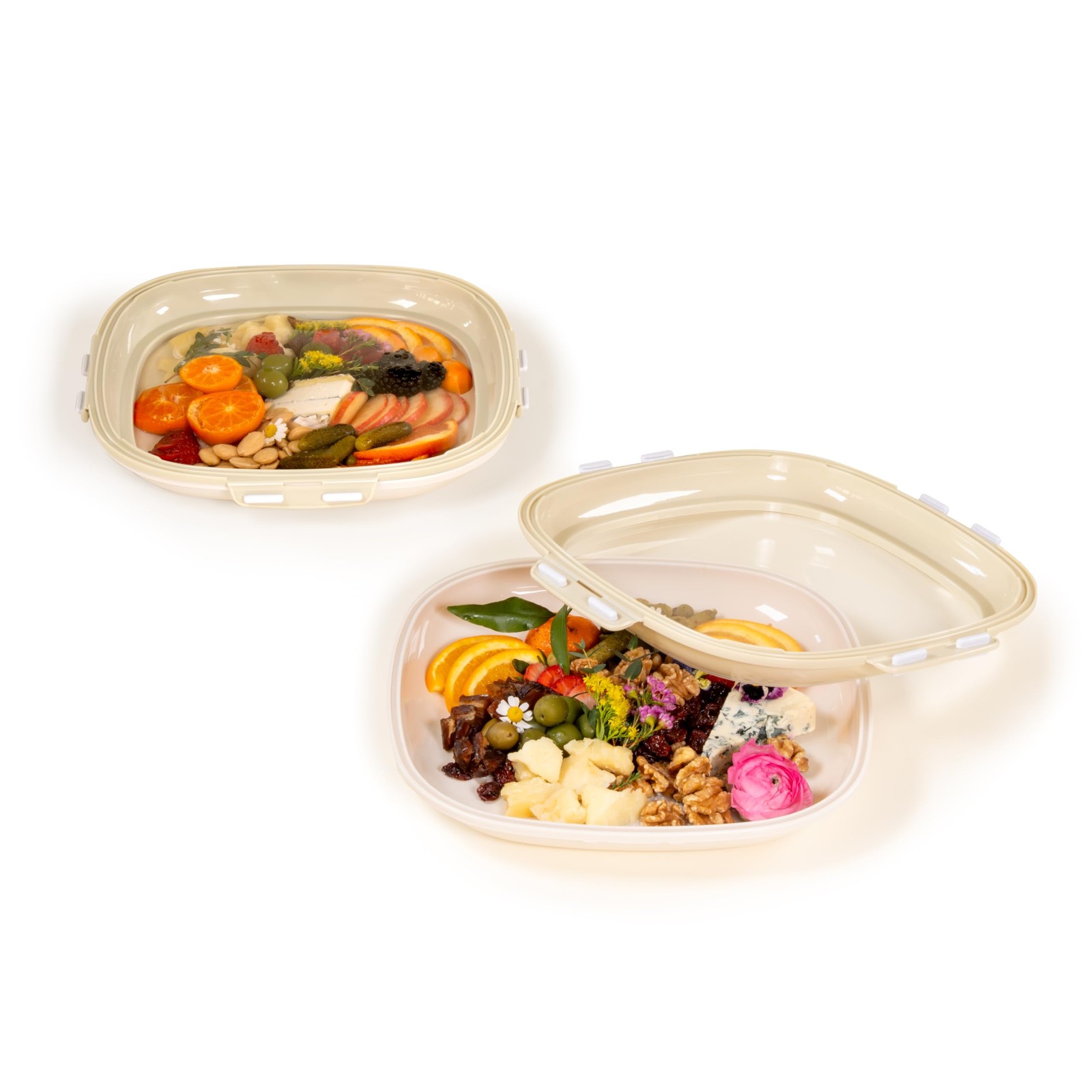 | Portable Snack Tray | Square 2-Pack | Cream White | Reversible Stretch Lid ... gallery