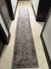 Traditional Oriental Rectangle Runner Rug Blue Pink Beige, Fringed Tassels