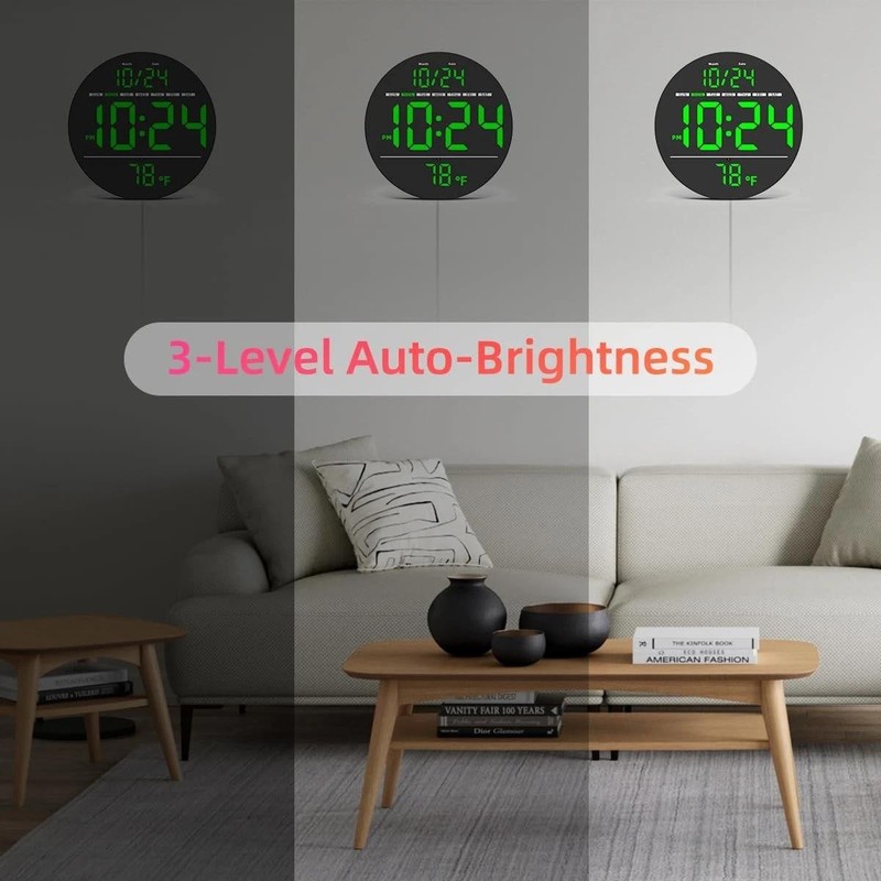Digital Wall Clock with Large LED Display, Date, Temperature, Auto-brightnes wbr gallery