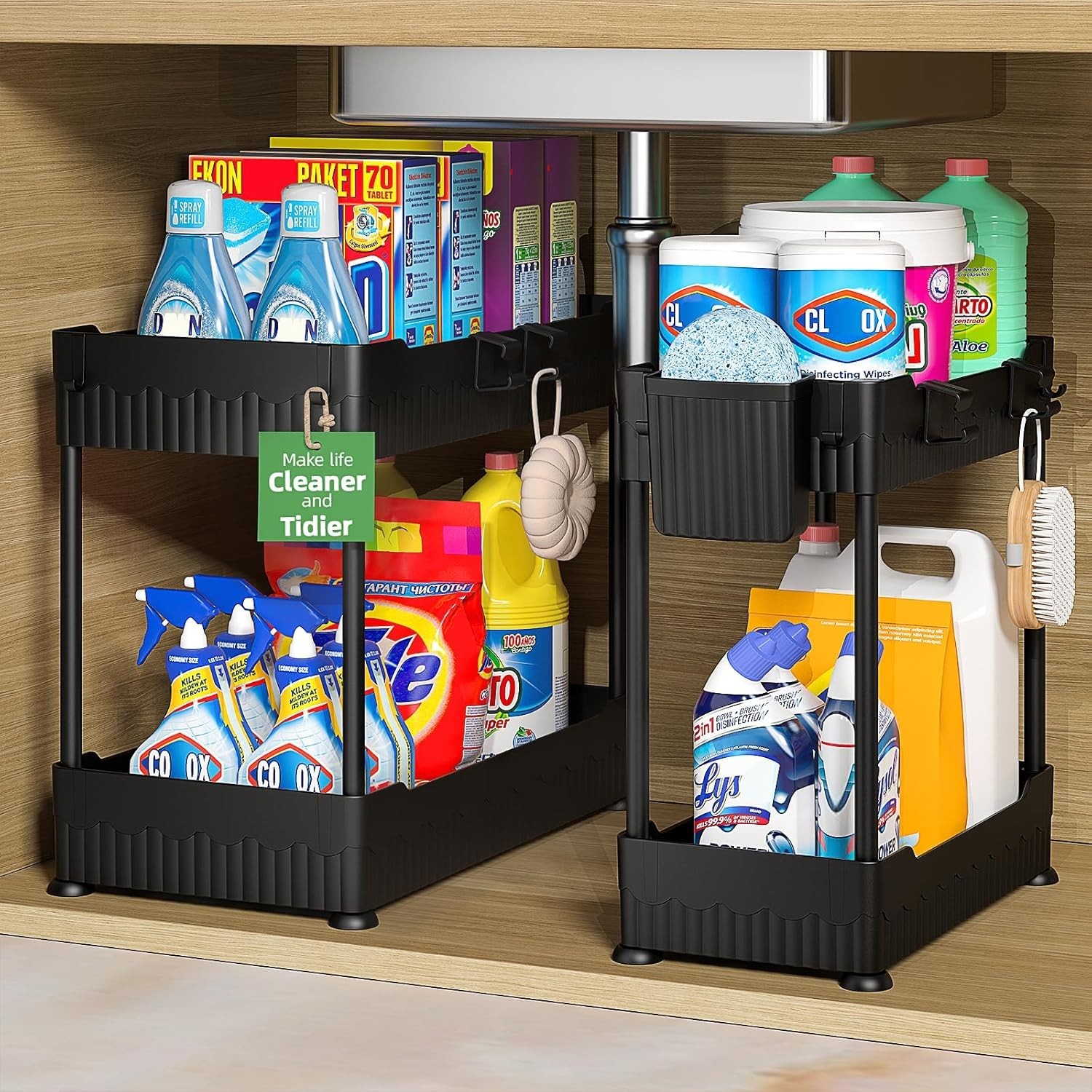Under Sink Organizer 2 Pack Bathroom Kitchen Cabinet Storage Shelf Hooks Black gallery