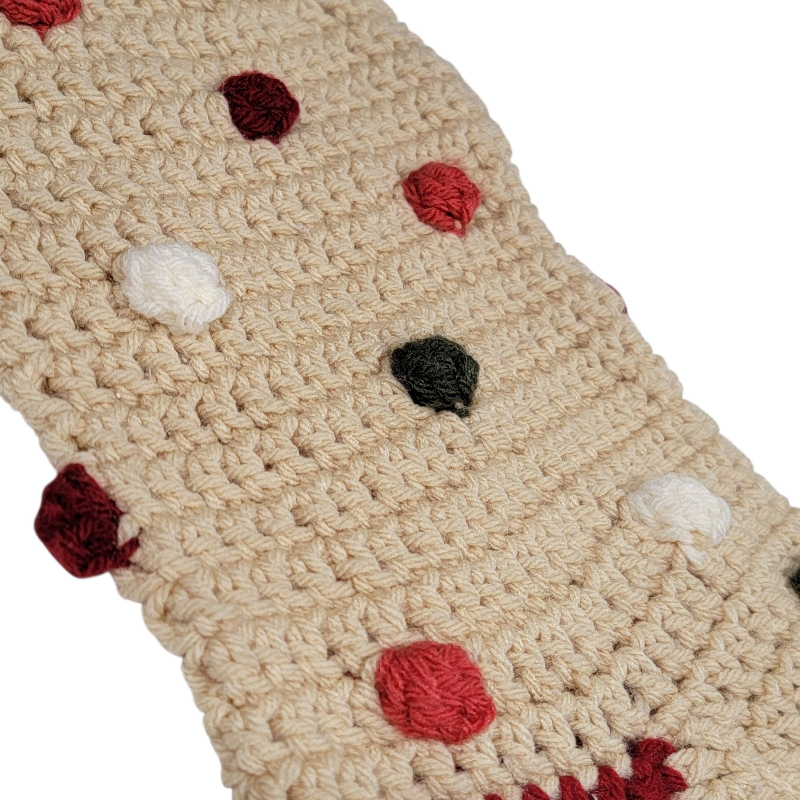 Crochet Christmas Stocking 20" Beige Red Green White Hand Knit Holiday Retro gallery