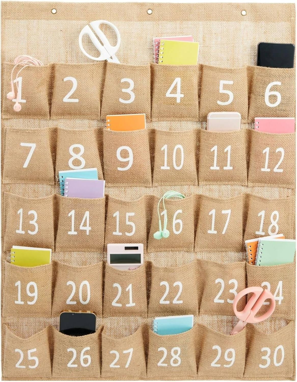 Cell Phone Storage for Classroom 30-Row Burlap Pocket Chart - 23.6 X 31 in White gallery
