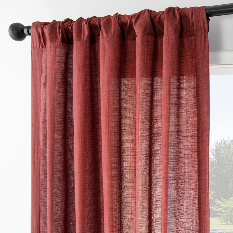 Rustic Red Linen Weave Light Filtering Curtains 96" Long - 2 Panels gallery