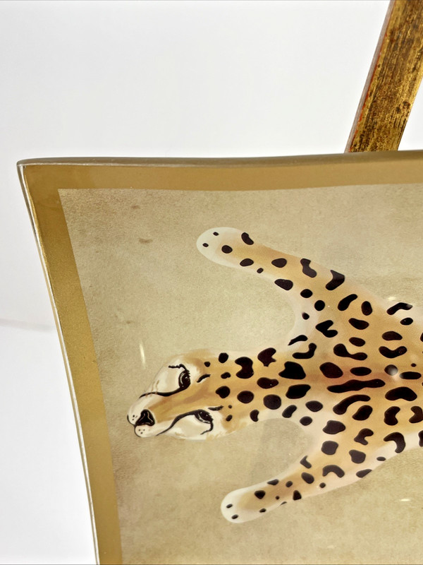 Dana Gibson ? Leopard Beige Orange Trinket Tray Gold Rim Small Glass Display 8" gallery
