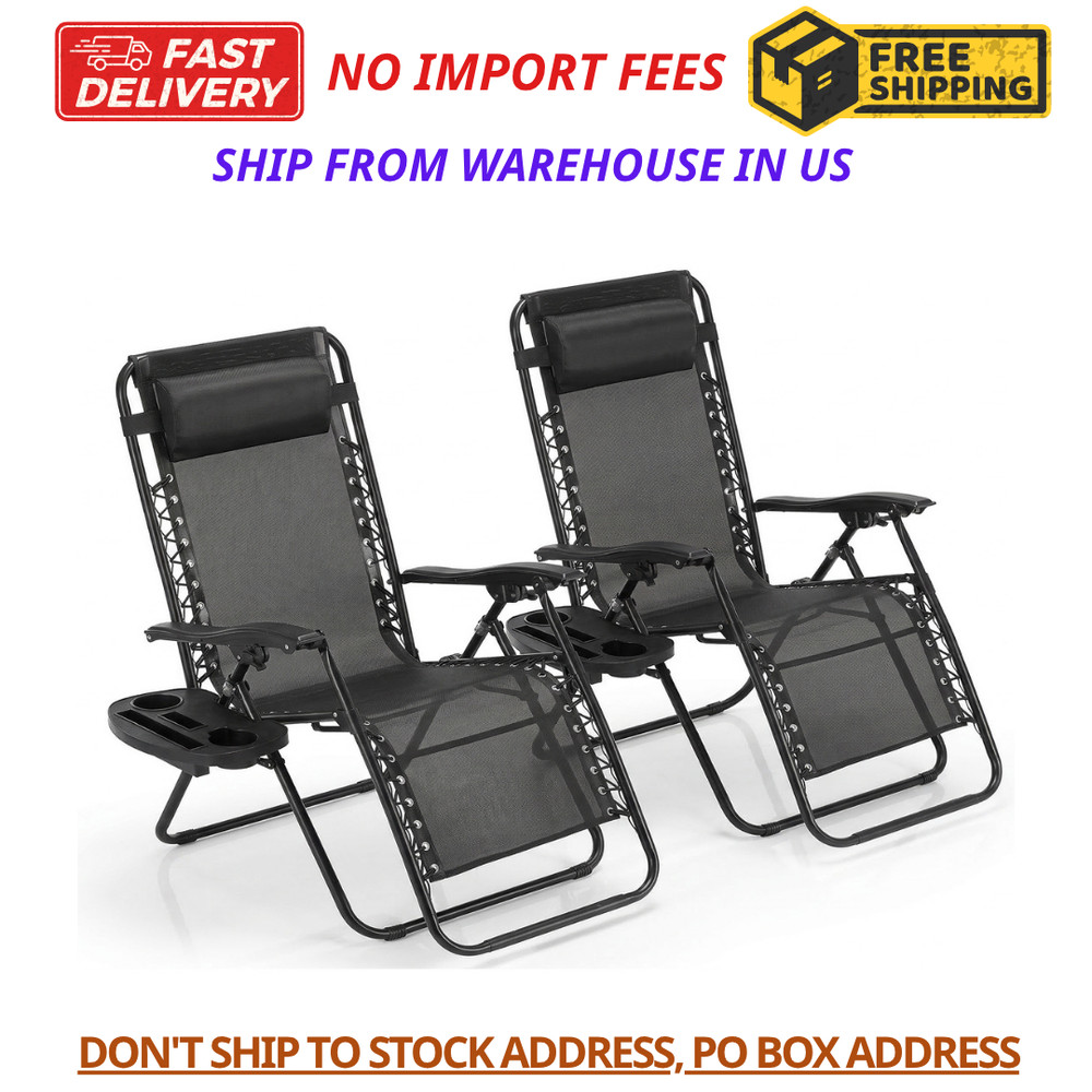 2-Pack Zero Gravity Chair 300lb Patio Beach Pool Recliner Pillow Cup Black