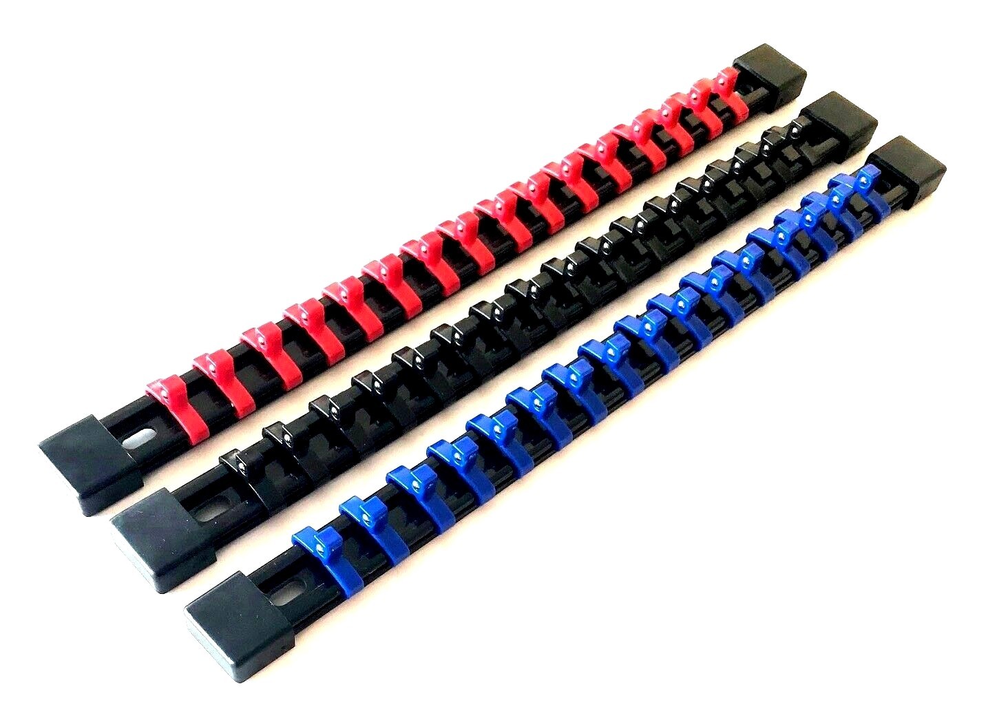 3 GOLIATH INDUSTRIAL 1/4" MOUNTABLE RED/BLACK/BLUE SOCKET RAILS HOLDER ORGANIZER gallery