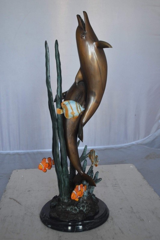 Two Dolphins with fish, table top bronze statue. - Size: 8"L x 8"W x 22"H. gallery