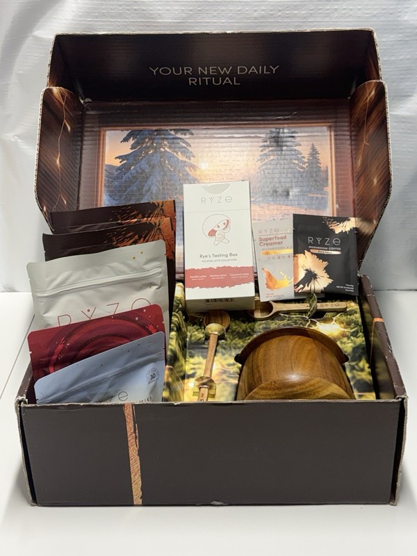 RYZE Coffee Ritual Set Kit Bundle Mushroom Creamers Latte Gummies Wood Canister gallery