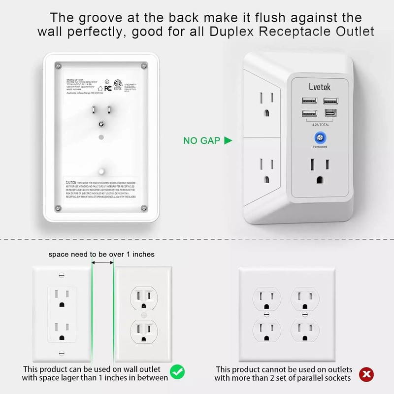 5 Outlet Extender Multi Plug Wall Outlets with 4 USB Charging Ports (1 USB C Out gallery