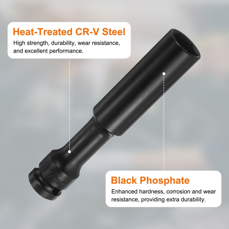 Thin Wall 6 Point Impact Socket 17mm Socket 1/2" Drive 5" Extra Long CR-V Steel gallery
