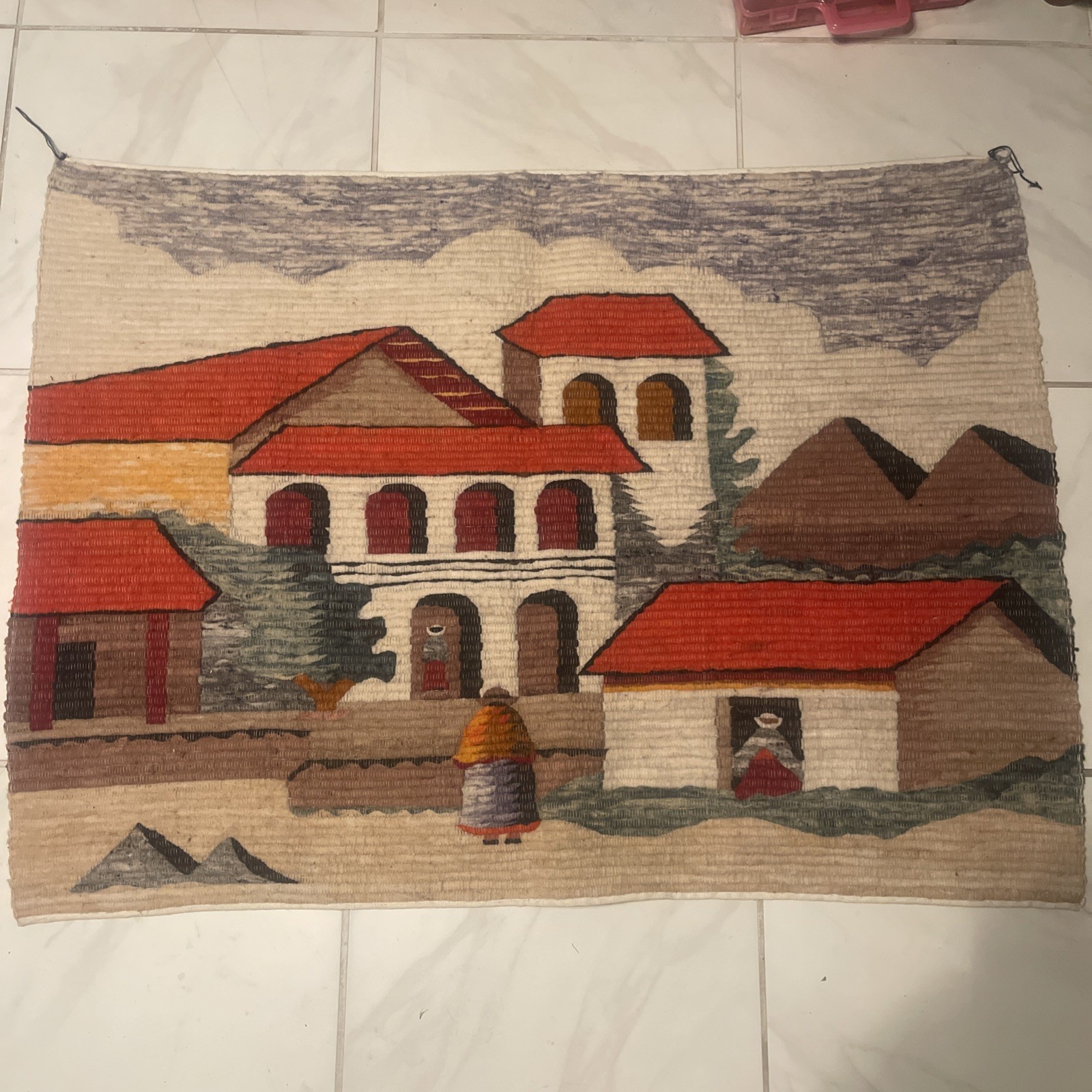 Peruvian rug for floor or wall, Llama wool  Andean scene & houses Folk Art gallery