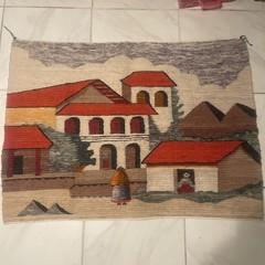 Peruvian rug for floor or wall, Llama wool  Andean scene & houses Folk Art